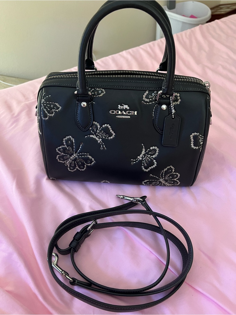 Coach Black Floral Bead-Embellished Crossbody Satchel